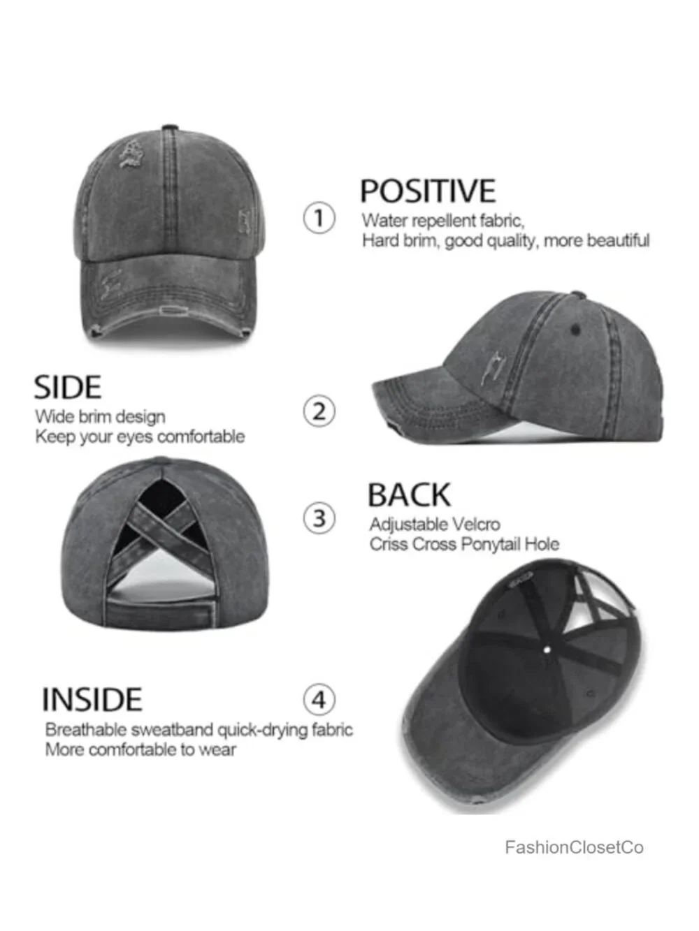 Criss Cross Ponytail Baseball Cap, Distressed Cotton Messy Bun Hat, Adjustable
